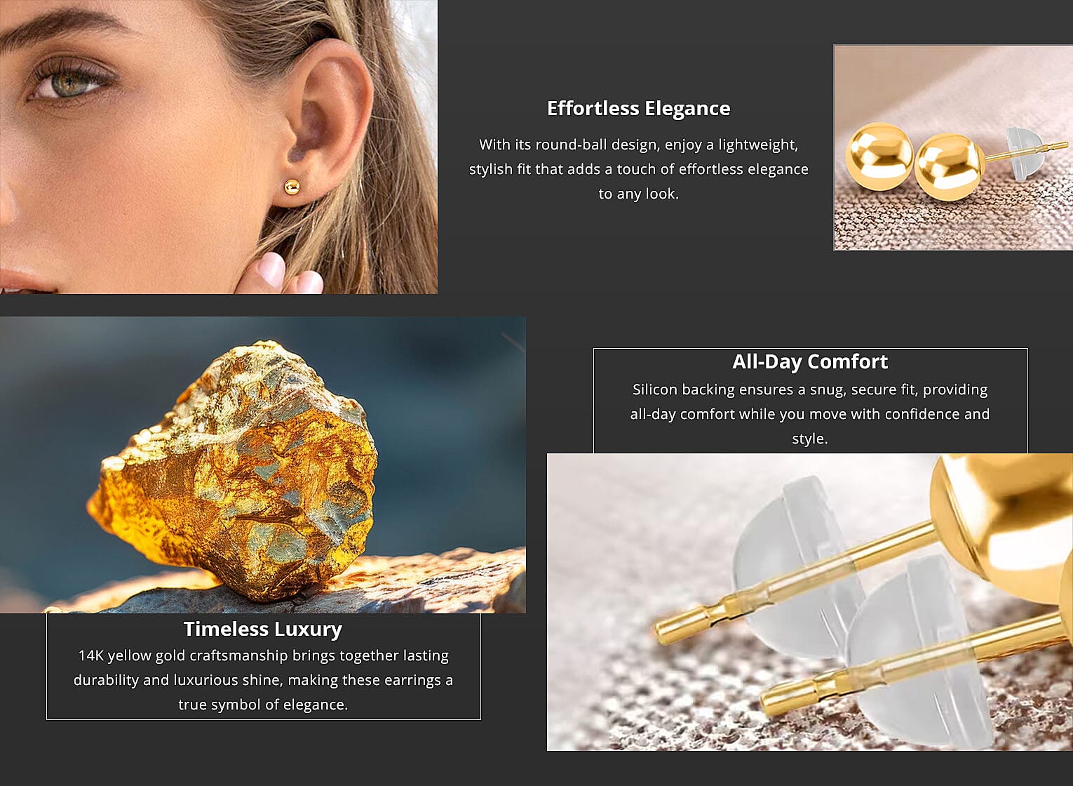 Round 5mm Ball Stud Earrings in 14K Yellow Gold with Silicone Backs Banner