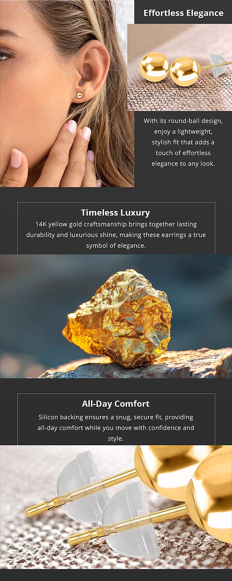 Round 5mm Ball Stud Earrings in 14K Yellow Gold with Silicone Backs Banner