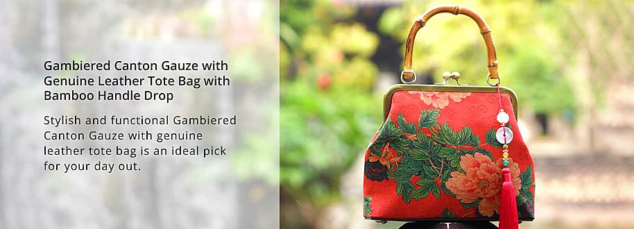 Gambiered Canton Gauze with Genuine Leather Tote Bag with Bamboo Handle Drop Banner