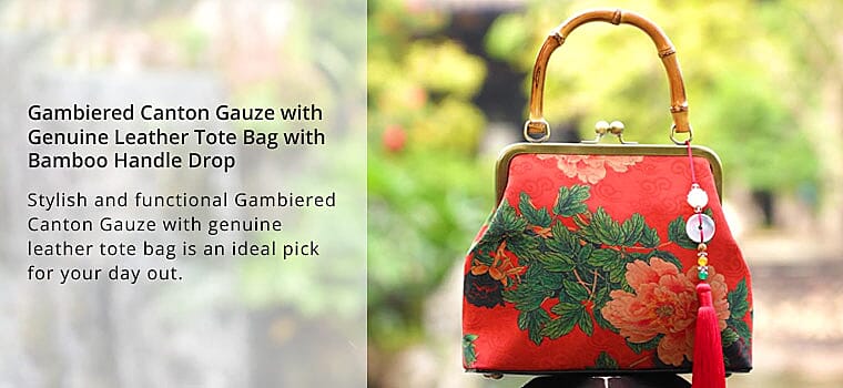Gambiered Canton Gauze with Genuine Leather Tote Bag with Bamboo Handle Drop Banner