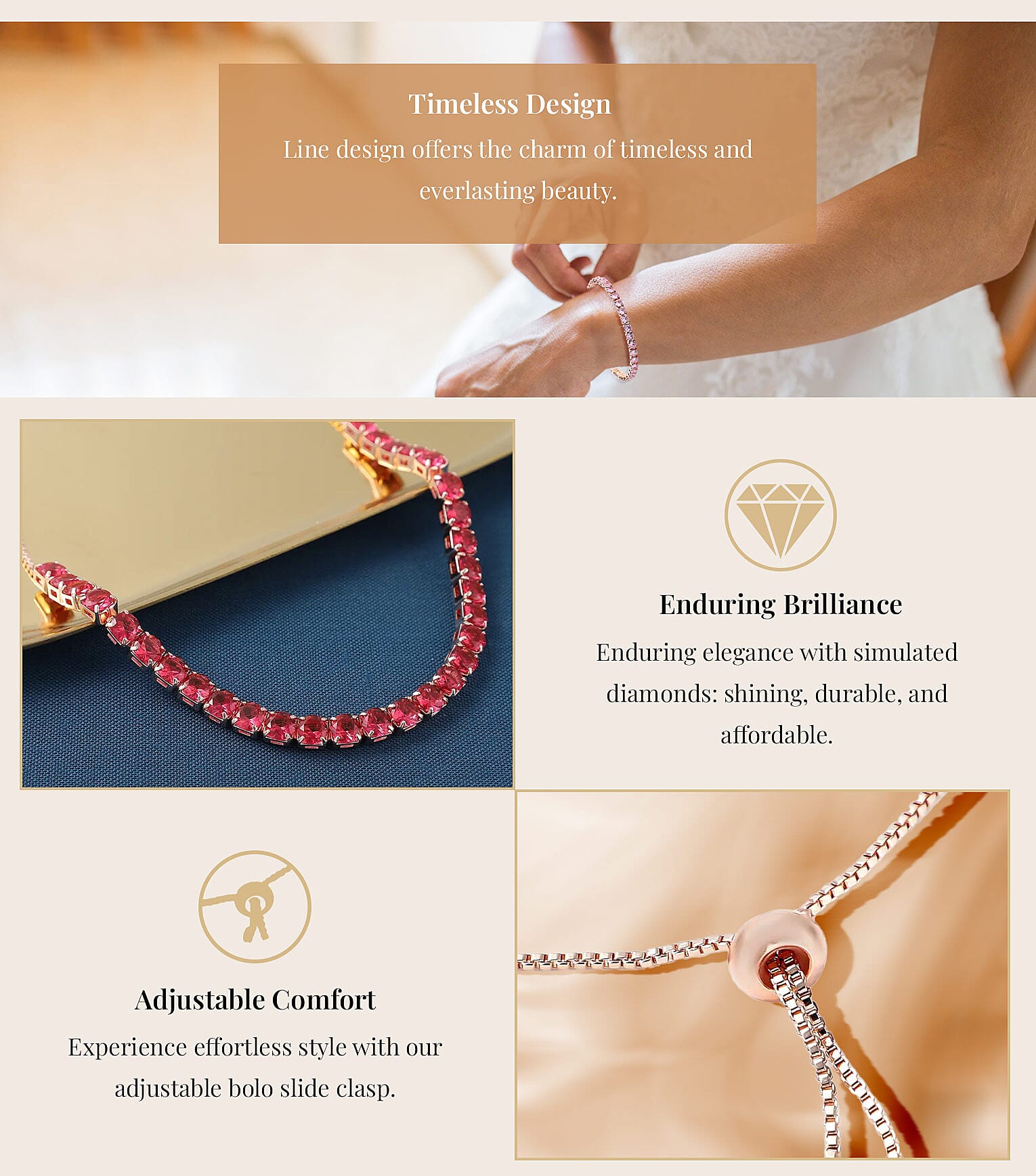 Simulated Diamond Bolo Bracelet in Rosetone Banner