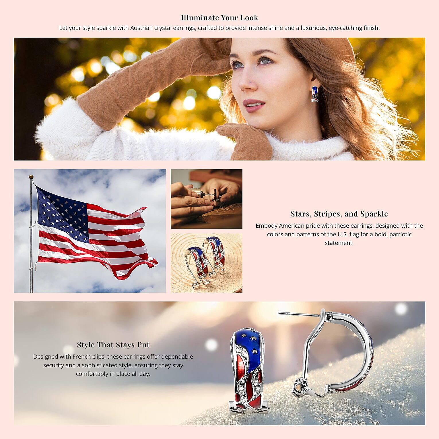 White Austrian Crystal Stylish Half Hoop Style Earrings with US flag Pattern in Silvertone Banner