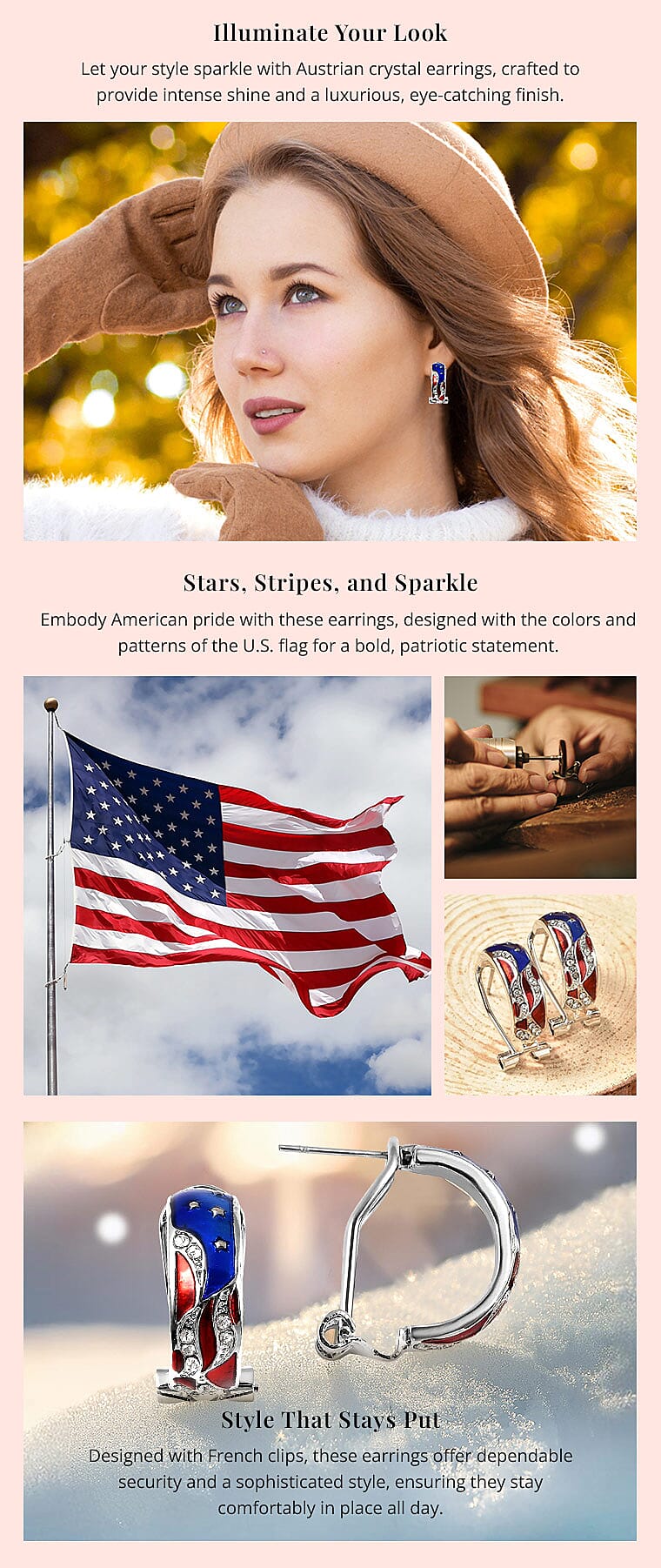 White Austrian Crystal Stylish Half Hoop Style Earrings with US flag Pattern in Silvertone Banner