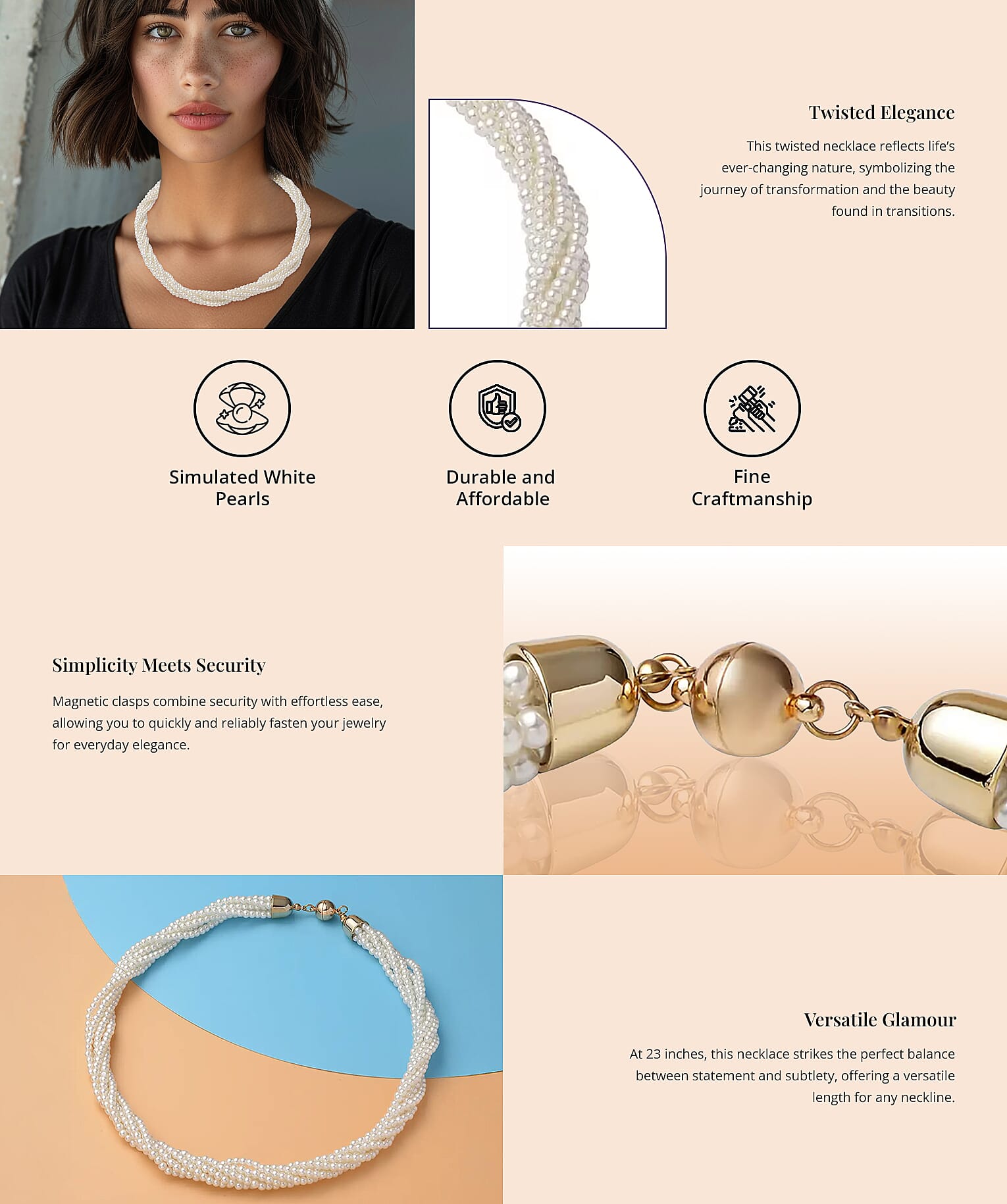 Simulated White Pearl Multi Row Twisted Necklace in Goldtone Banner