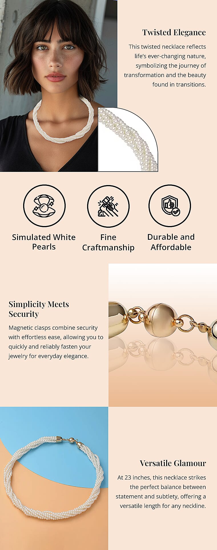 Simulated White Pearl Multi Row Twisted Necklace in GoldtoneBanner