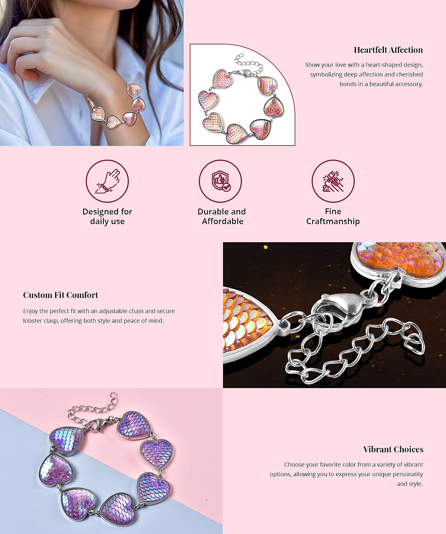 Disco Ball Theme Heart Charm Station Bracelet in Stainless Steel Banner