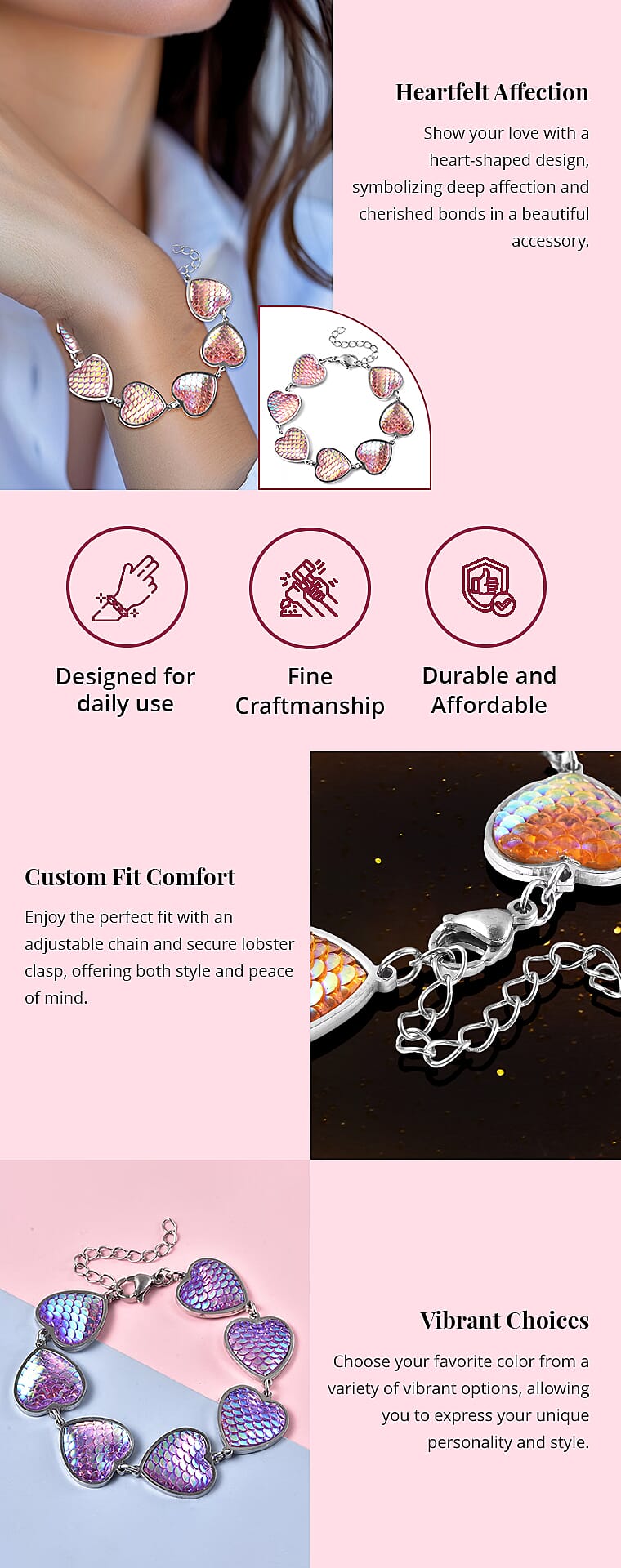 Disco Ball Theme Heart Charm Station Bracelet in Stainless SteelBanner