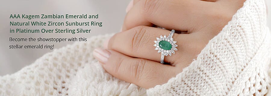 AAA Kagem Zambian Emerald and Natural White Zircon Sunburst Ring in Platinum Over Sterling Silver Banner