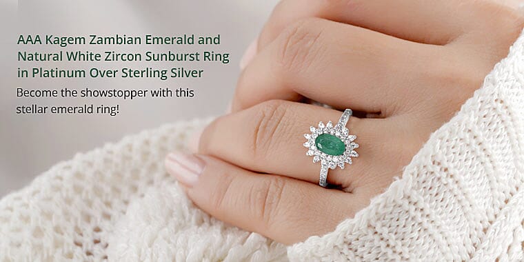 AAA Kagem Zambian Emerald and Natural White Zircon Sunburst Ring in Platinum Over Sterling Silver Banner