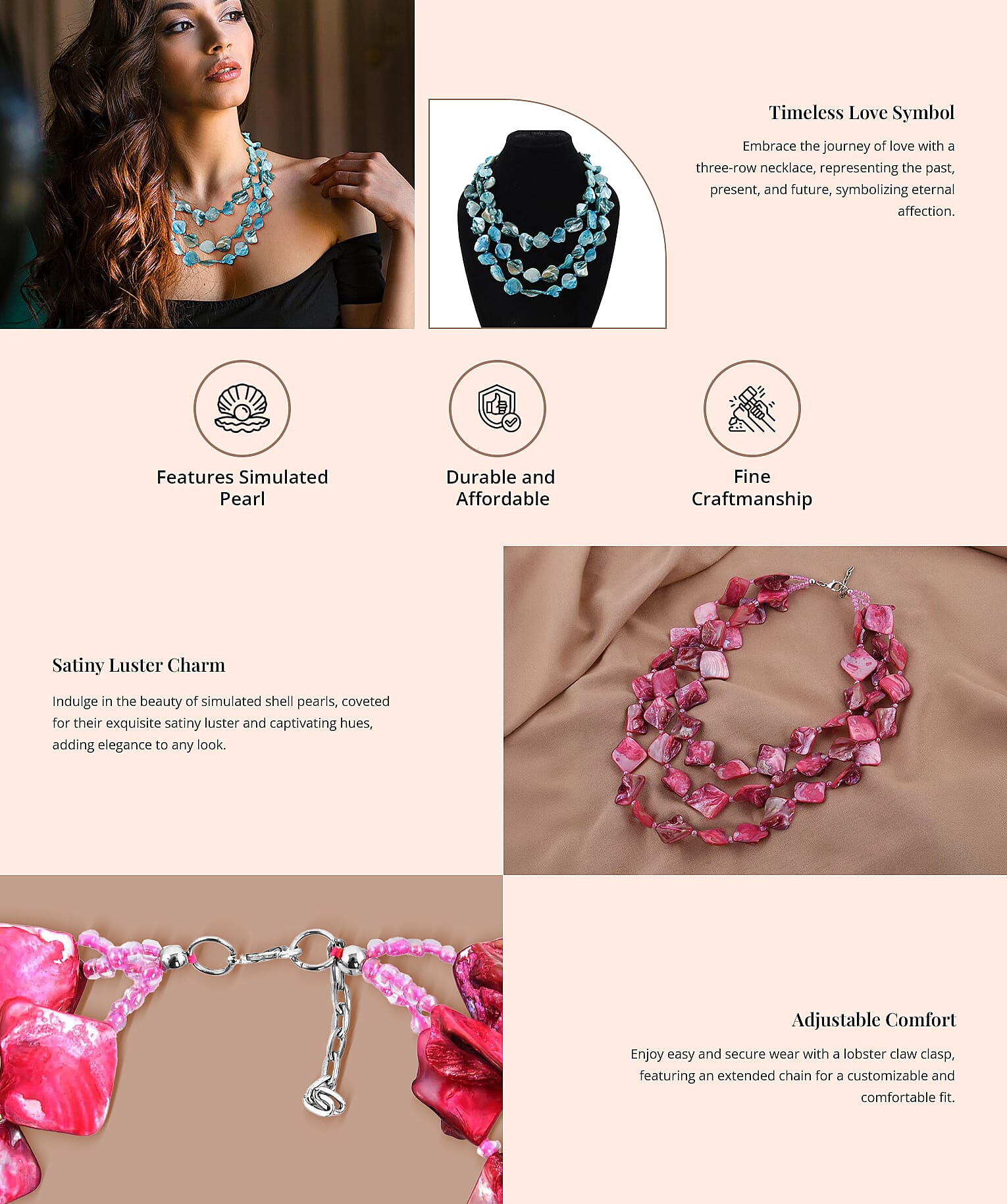 Shell Pearl 3 Strand Necklace in Silvertone 18 Inches Banner