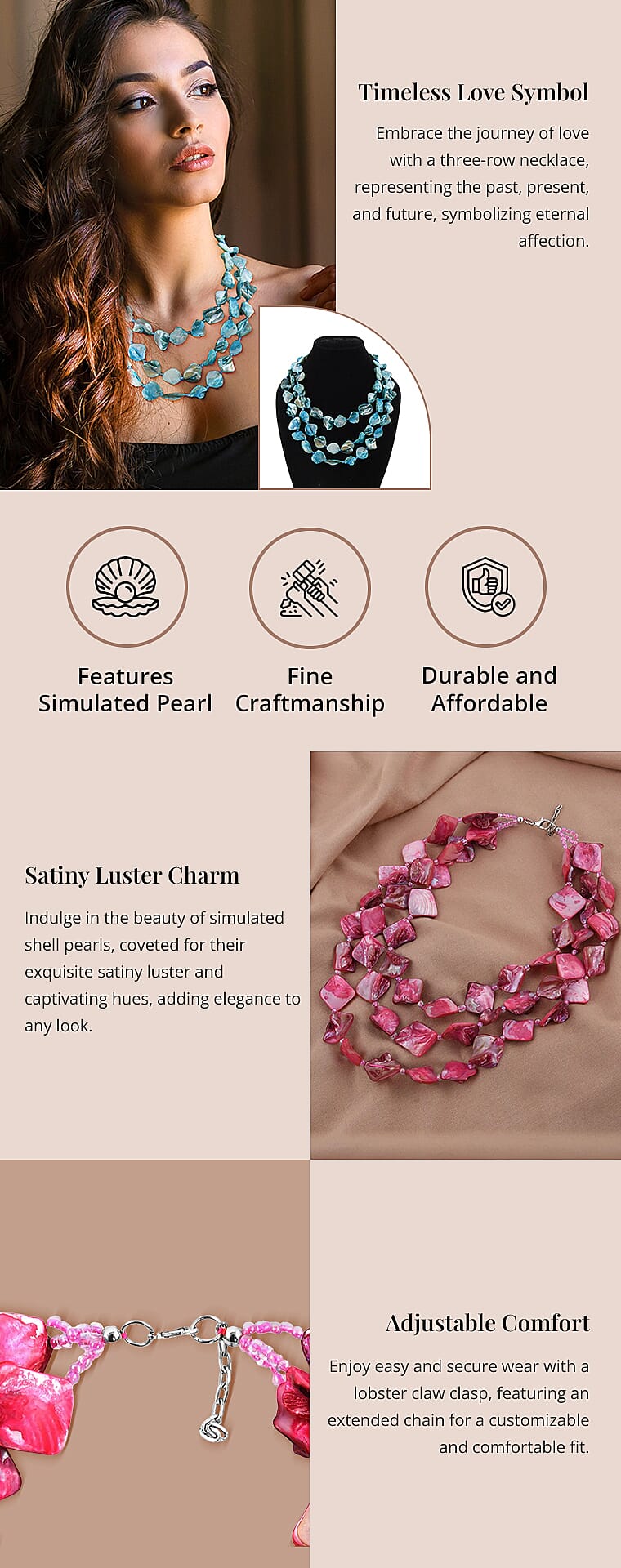 Shell Pearl 3 Strand Necklace in Silvertone 18 InchesBanner