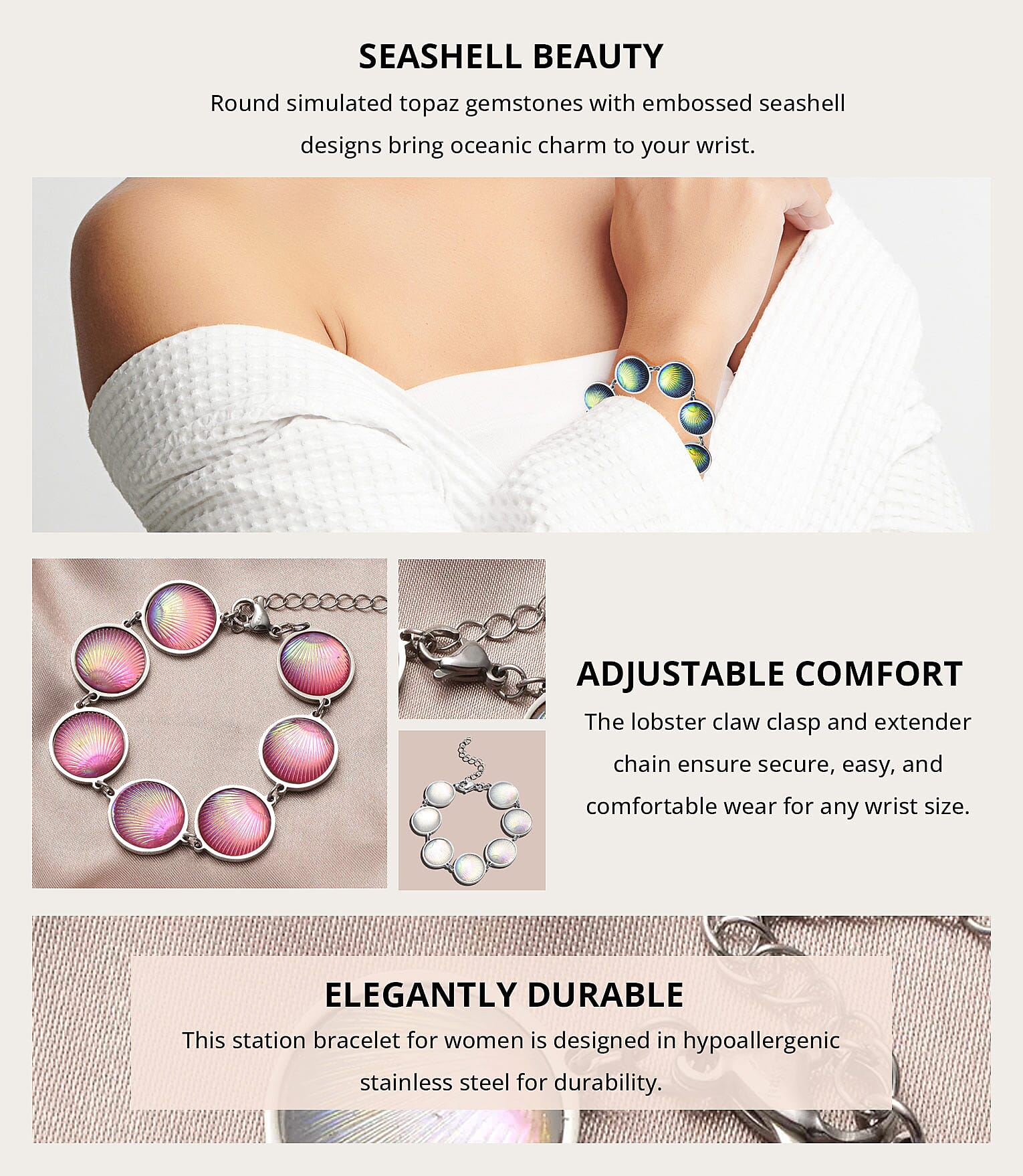 Simulated Pink Magic Color Topaz Seashell Charm Station Bracelet in Stainless Steel Banner