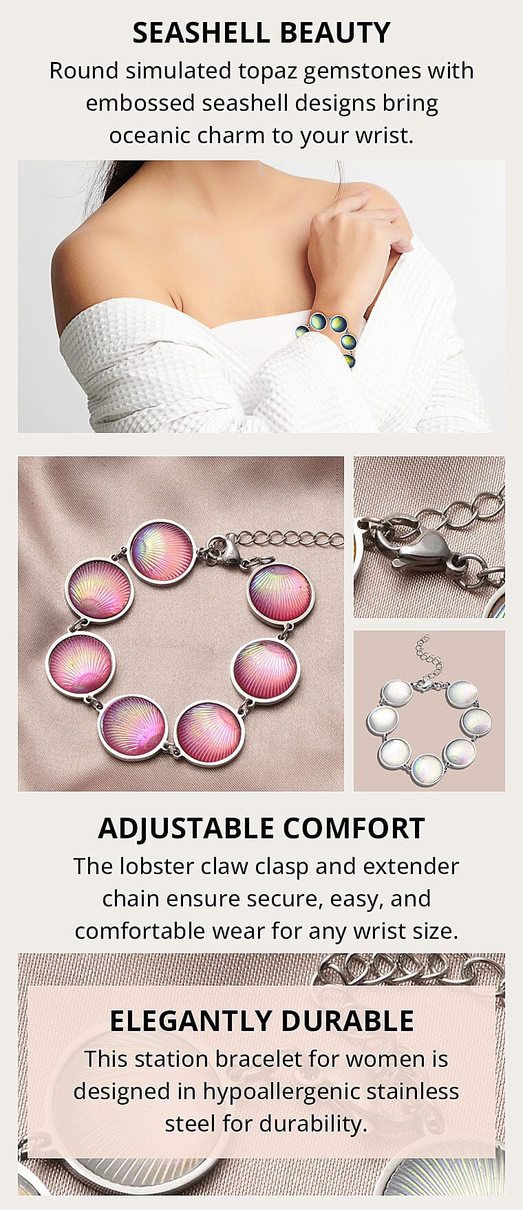 Simulated Pink Magic Color Topaz Seashell Charm Station Bracelet in Stainless SteelBanner