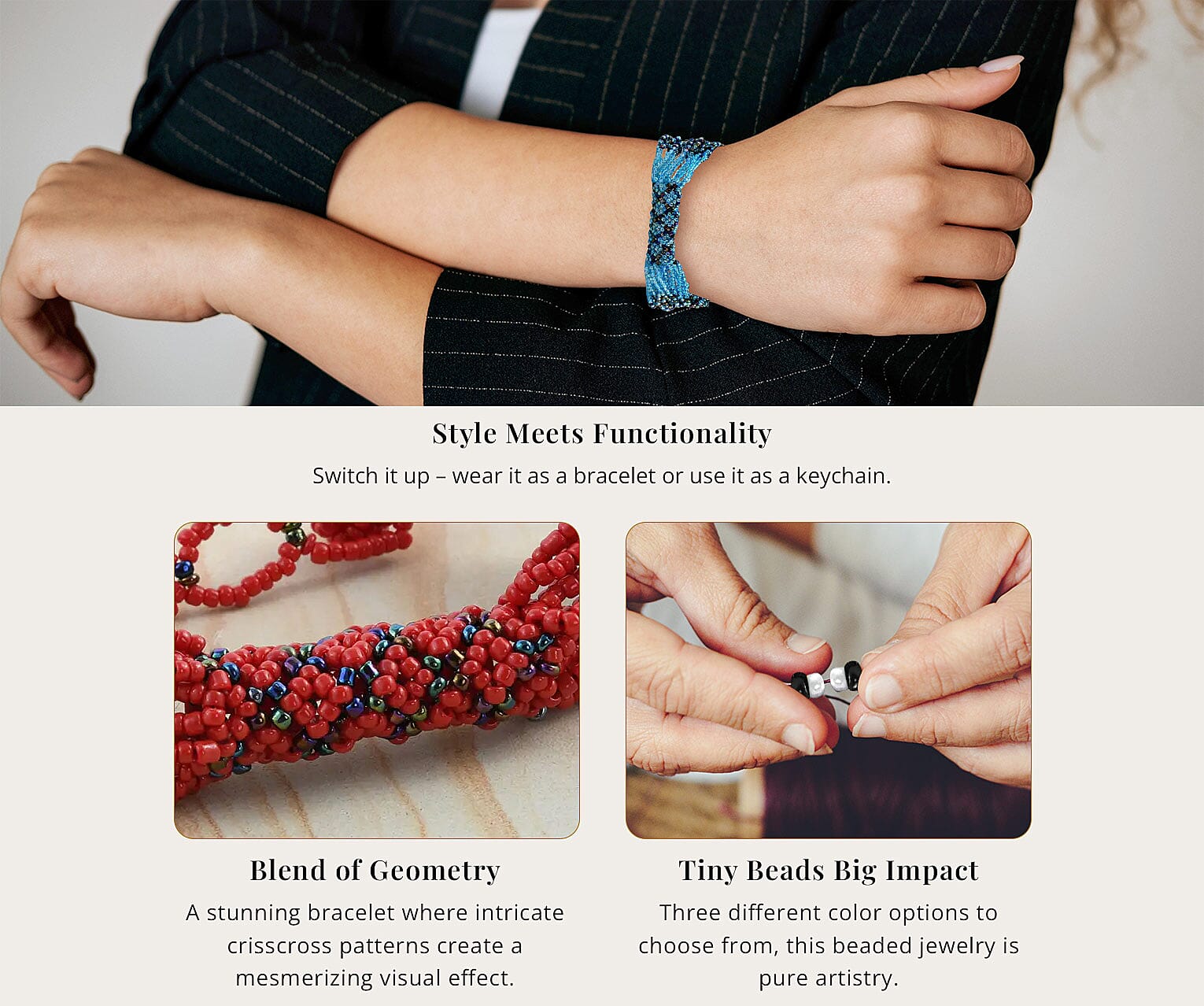 Ceramic Seed Beaded Patterned Multi-Purpose Wrist Keychain Bracelet Banner