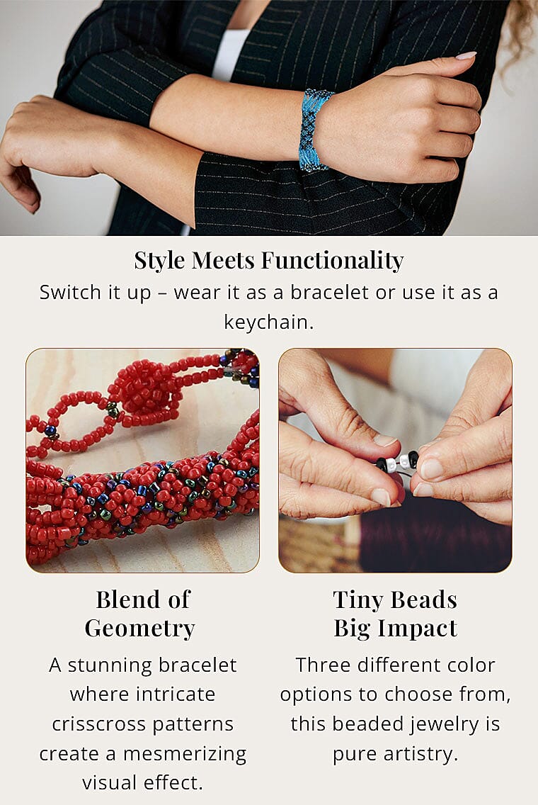 Ceramic Seed Beaded Patterned Multi-Purpose Wrist Keychain Bracelet Banner