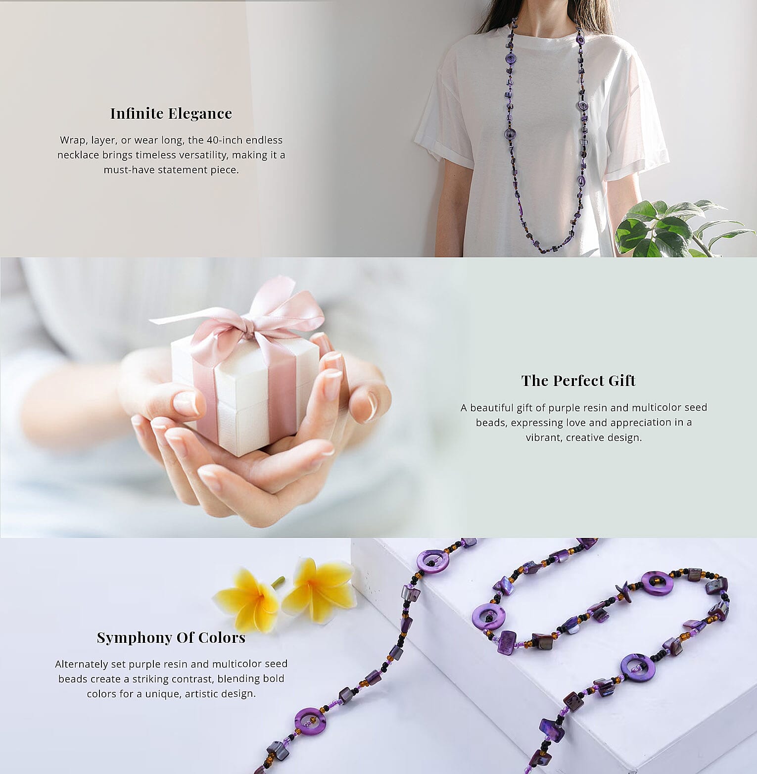 Purple Resin and Multi Color Seed Beaded Endless Necklace Banner