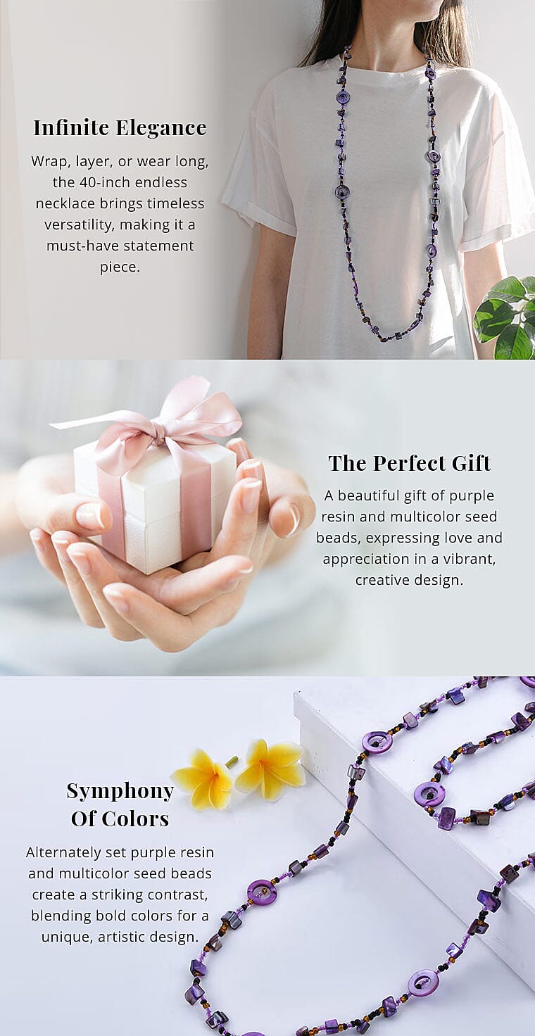 Purple Resin and Multi Color Seed Beaded Endless Necklace Banner