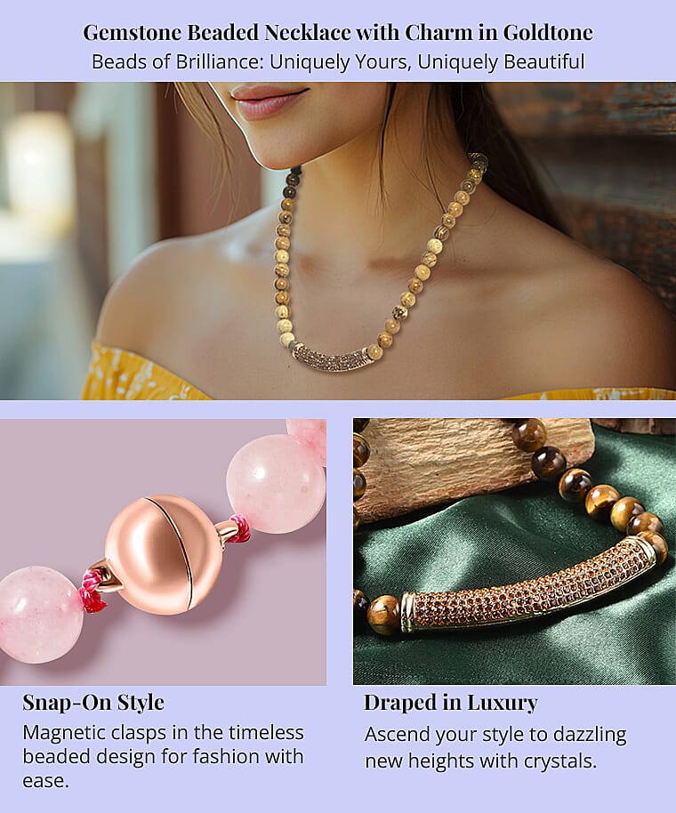 Gemstone Beaded Necklace with Charm in Goldtone Banner