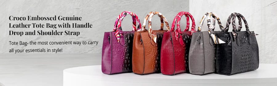 Buy Green Croco Embossed Genuine Leather Tote Bag with Handle Drop and ...