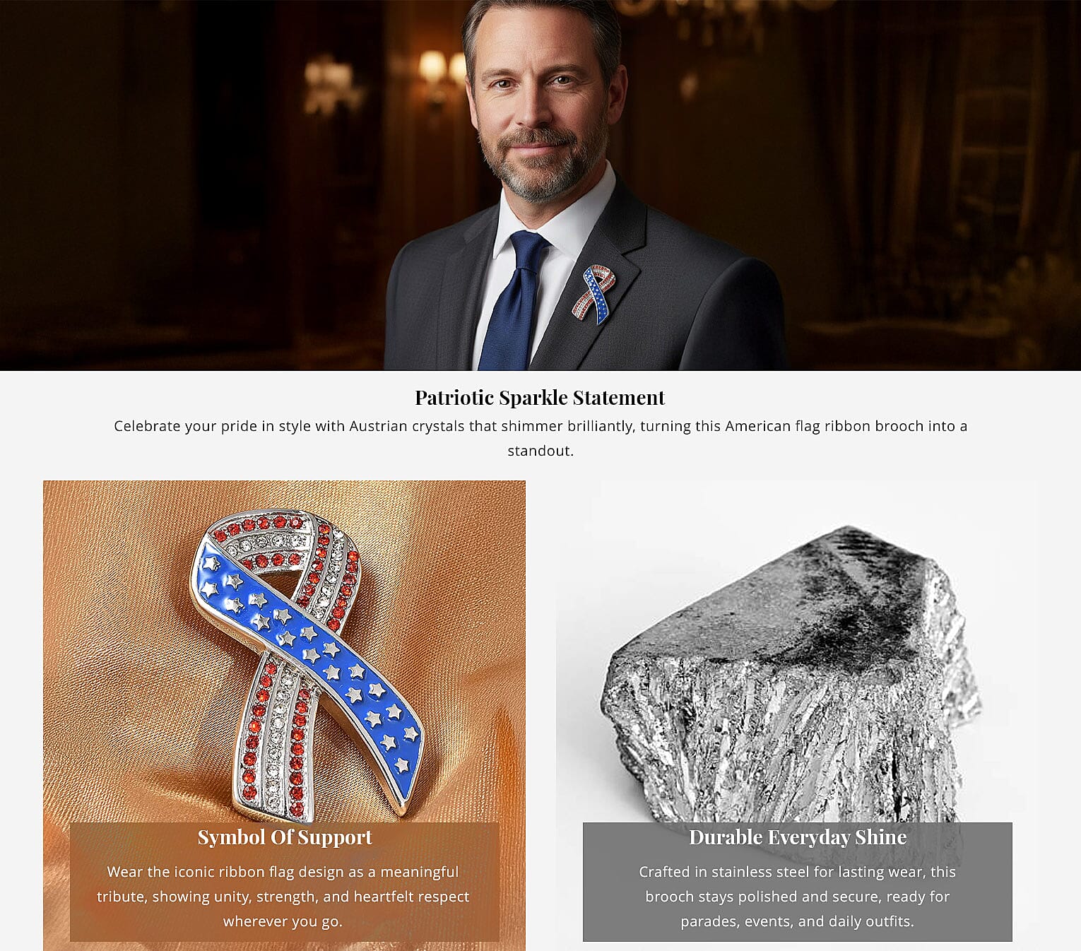 Red and White Austrian Crystal American Flag Ribbon Brooch in Stainless Steel, Tarnish-Free, Waterproof, Sweat Proof Jewelry Banner