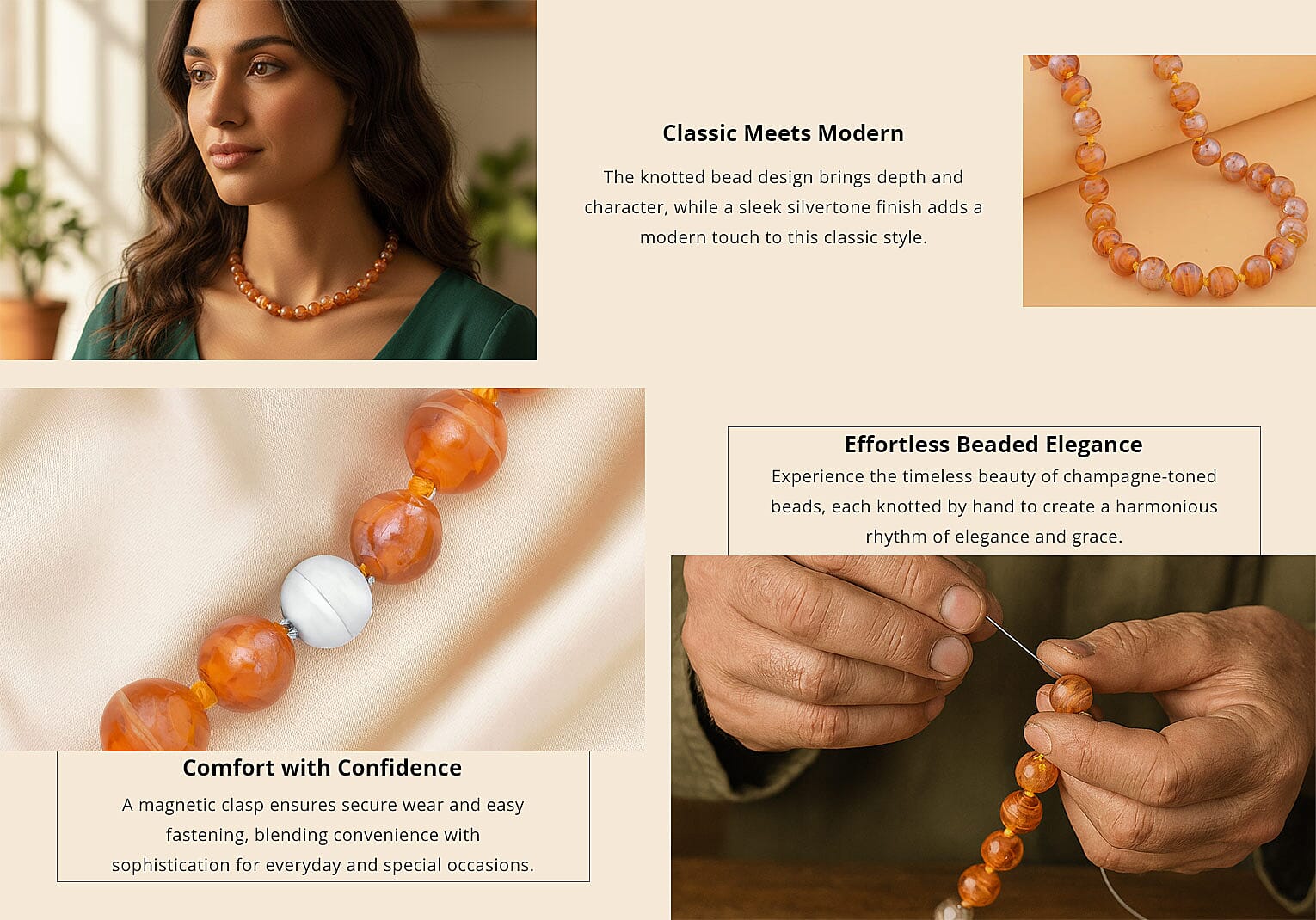 Champagne Color Beaded Knotted Necklace with Magnetic Lock in Silvertone 20 Inches Banner