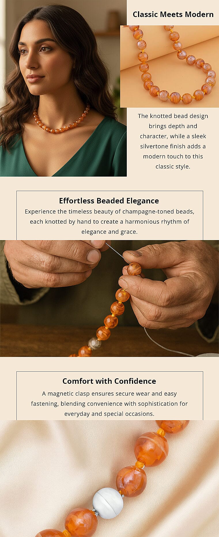 Champagne Color Beaded Knotted Necklace with Magnetic Lock in Silvertone 20 Inches Banner