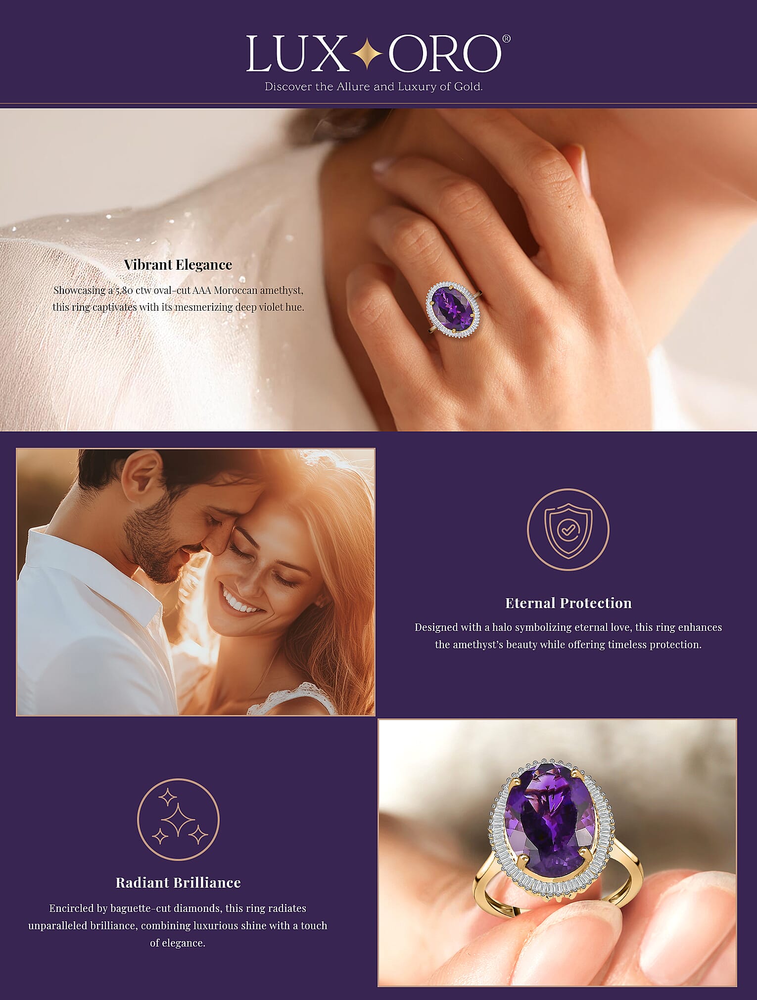 Luxoro AAA Moroccan Amethyst and Diamond 6.10 ctw Halo Ring Banner