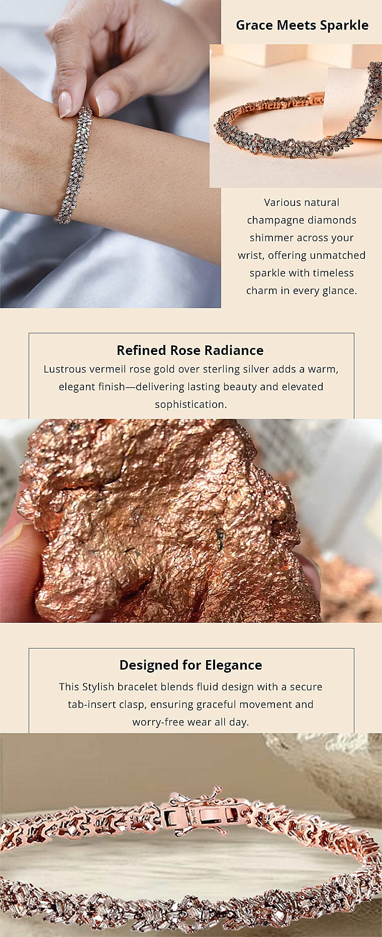 Natural Champagne Diamond 4.00 ctw Bracelet in Vermeil Rose Gold Over Sterling Silver (7.25 In) Banner