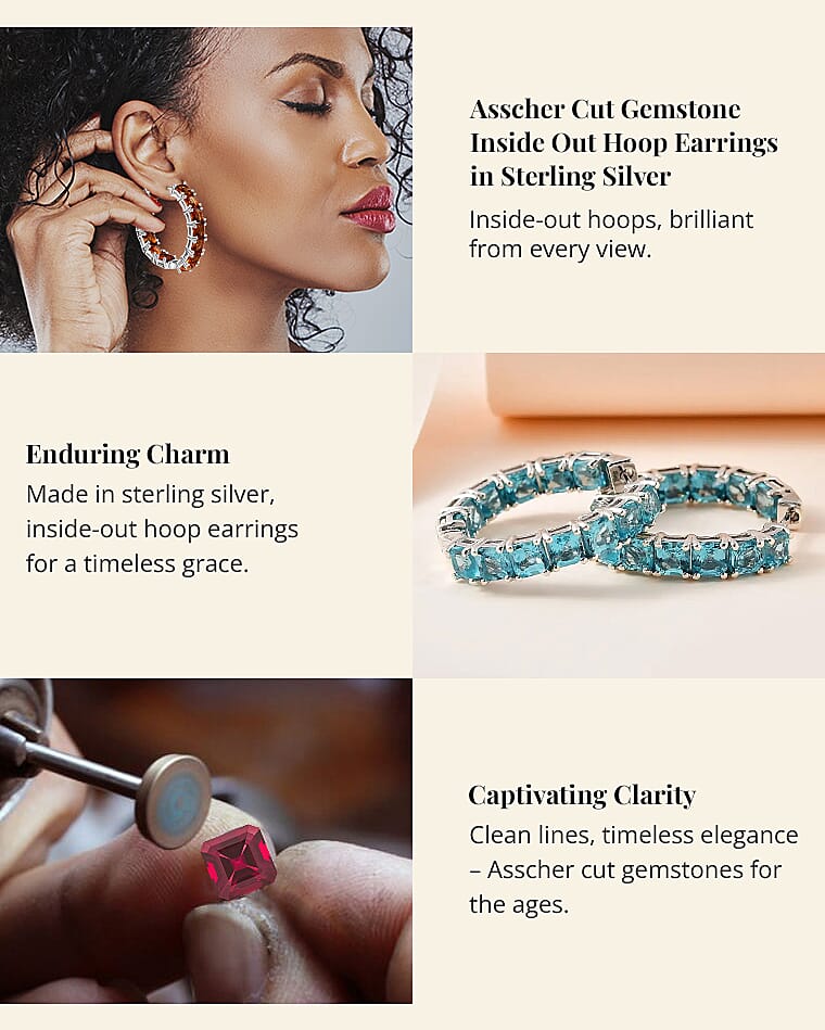 Asscher Cut Gemstone Inside Out Hoop Earrings in Sterling Silver Banner