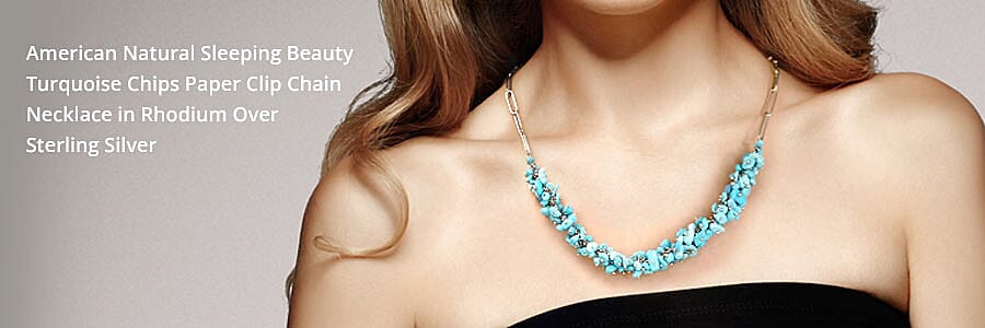 American Natural Sleeping Beauty Turquoise Chips Paper Clip Chain Necklace in Rhodium Over Sterling Silver Banner