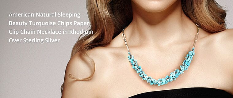 American Natural Sleeping Beauty Turquoise Chips Paper Clip Chain Necklace in Rhodium Over Sterling Silver Banner
