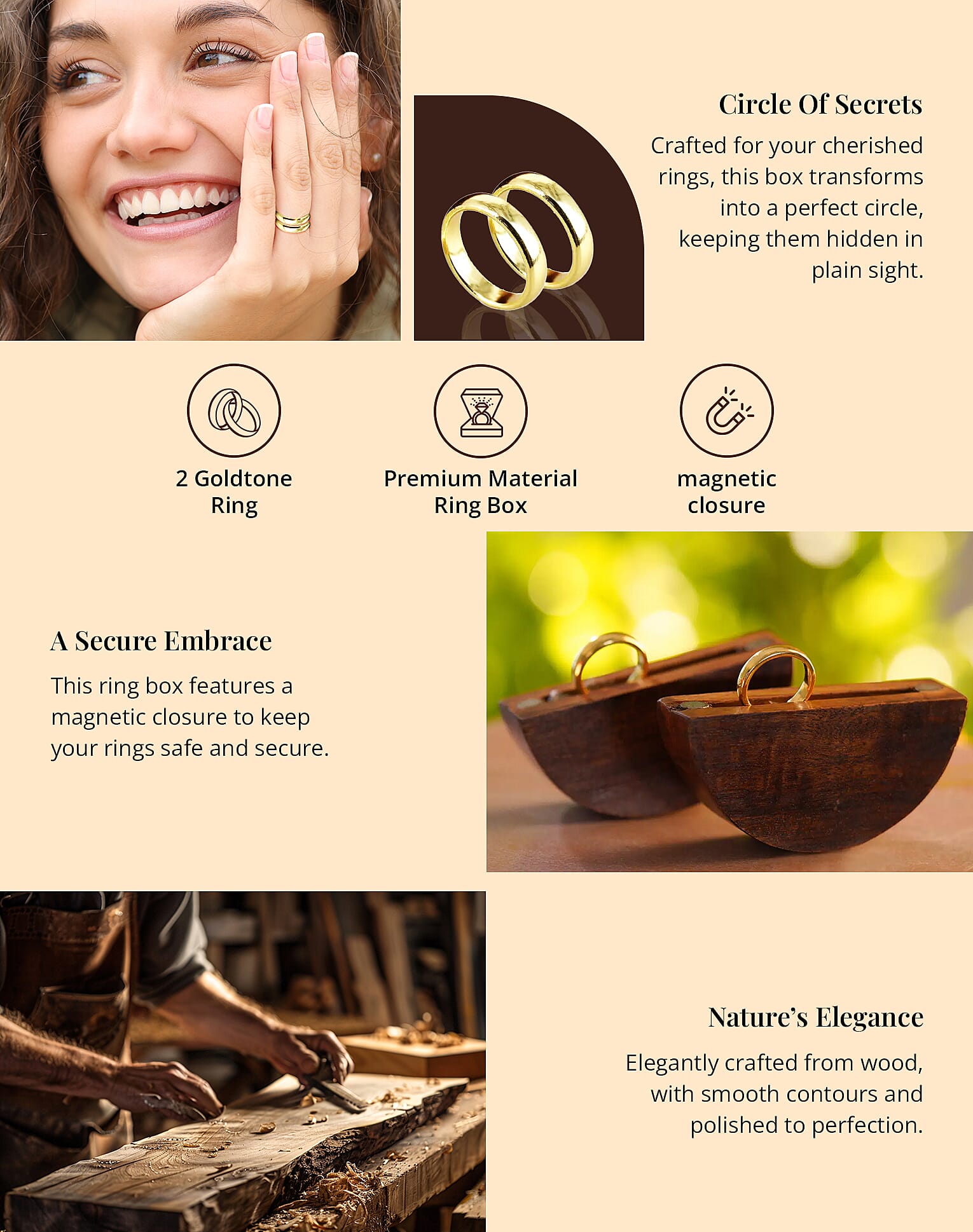 Portable Wooden Round Shaped Secret Ring Box with Goldtone Ring Banner