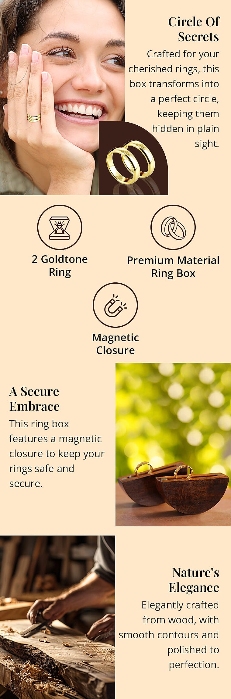 Portable Wooden Round Shaped Secret Ring Box with Goldtone RingBanner
