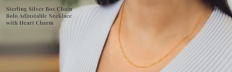 Sterling Silver Box Chain Bolo Adjustable Necklace with Heart Charm Banner