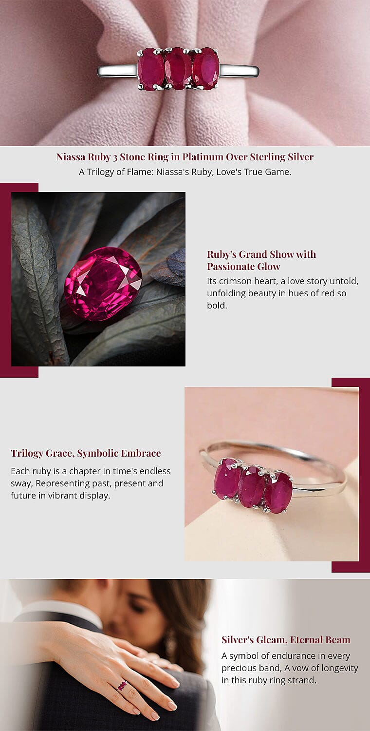 Niassa Ruby 3 Stone Ring in Platinum Over Sterling Silver  Banner