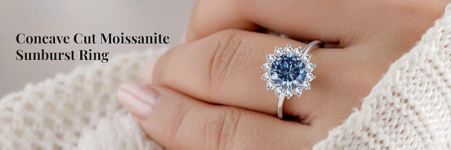 Concave Cut Moissanite Sunburst Ring Banner