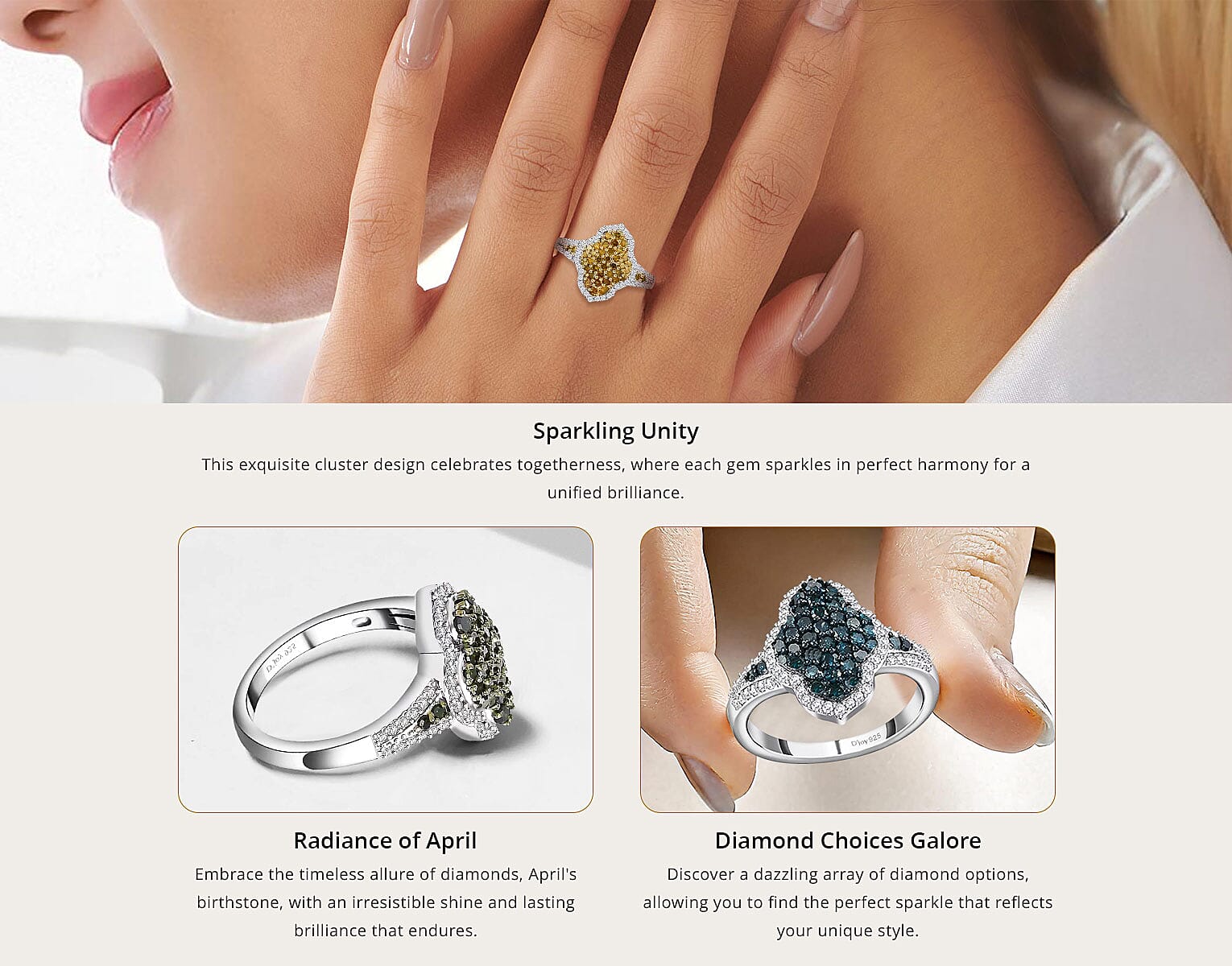 Yellow and White Diamond 1.00 ctw Cluster Ring, Rhodium and Platinum Over Sterling Silver Ring Banner