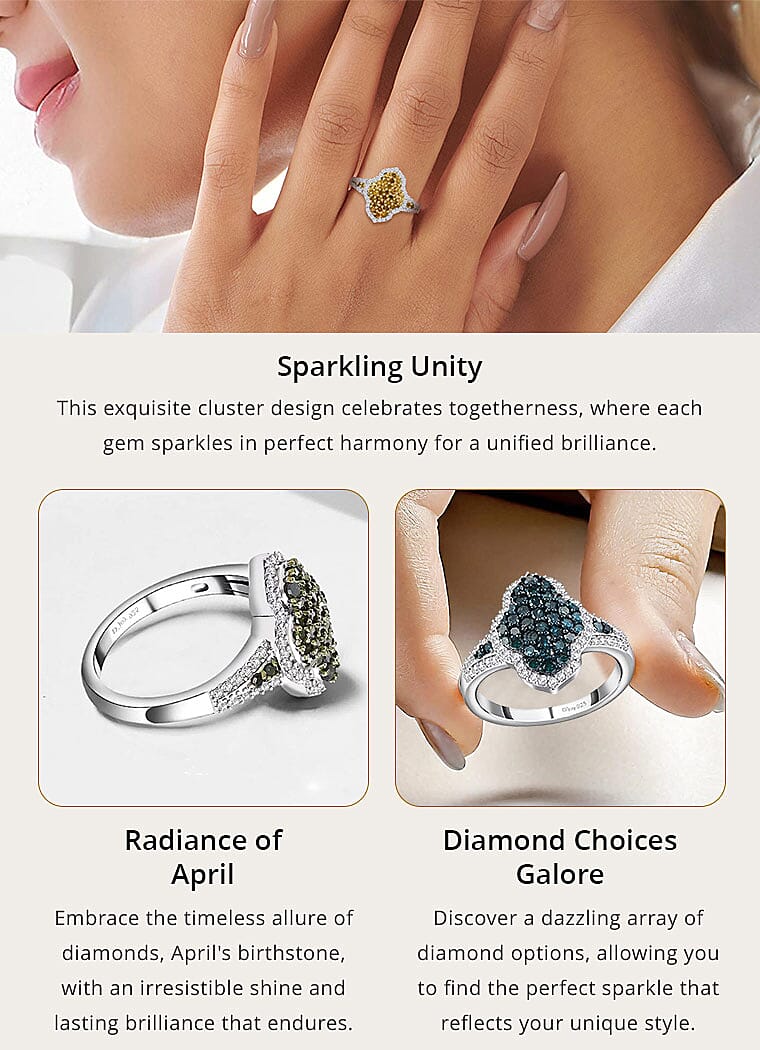 Yellow and White Diamond 1.00 ctw Cluster Ring, Rhodium and Platinum Over Sterling Silver Ring Banner