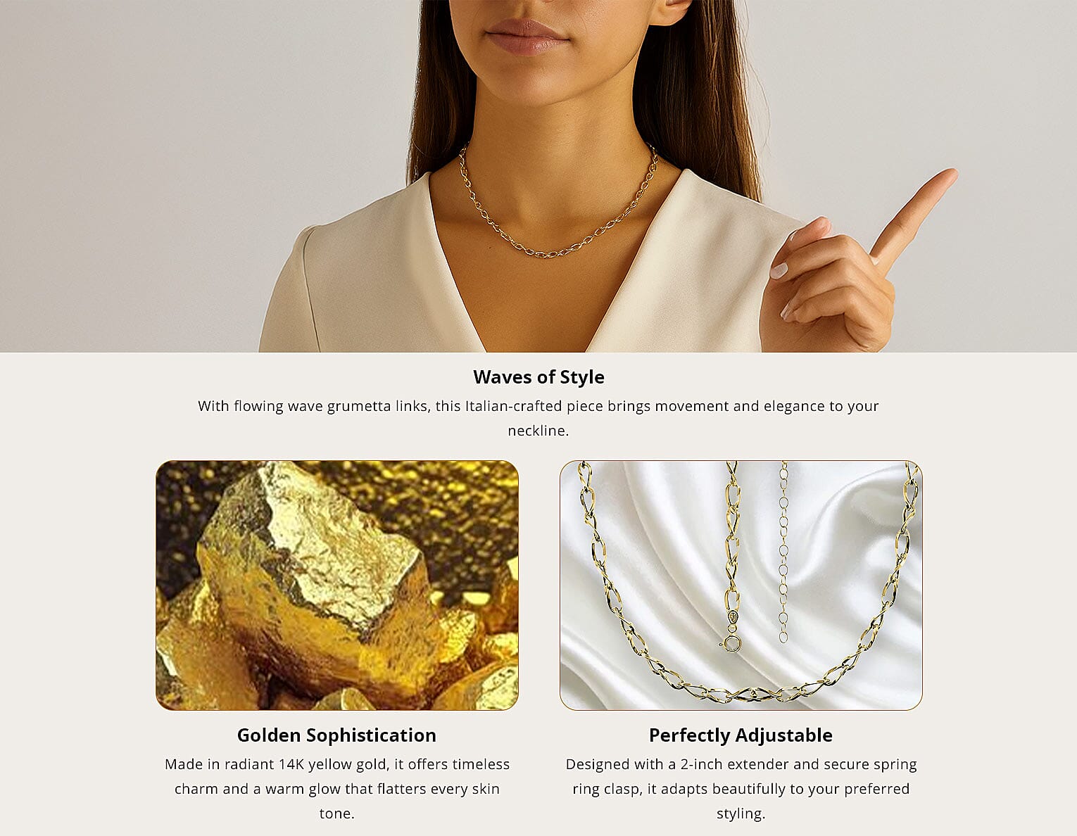 Maestro Gold Collection Italian 14K Yellow Gold Wave Grumetta Necklace, Yellow Gold Chain Necklace, 18-20 Inch Necklace 4.6mm 4.23 Grams Banner