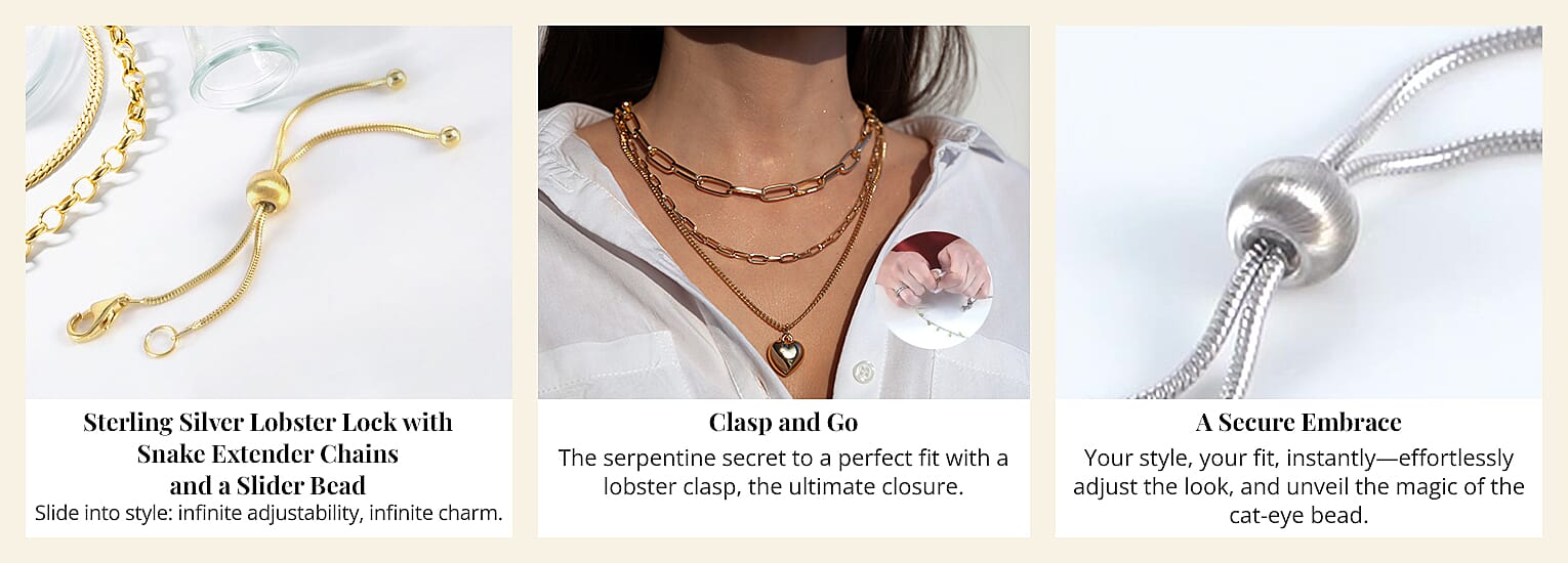 Sterling Silver Lobster Lock with Snake Extender Chains and a Slider Bead Banner
