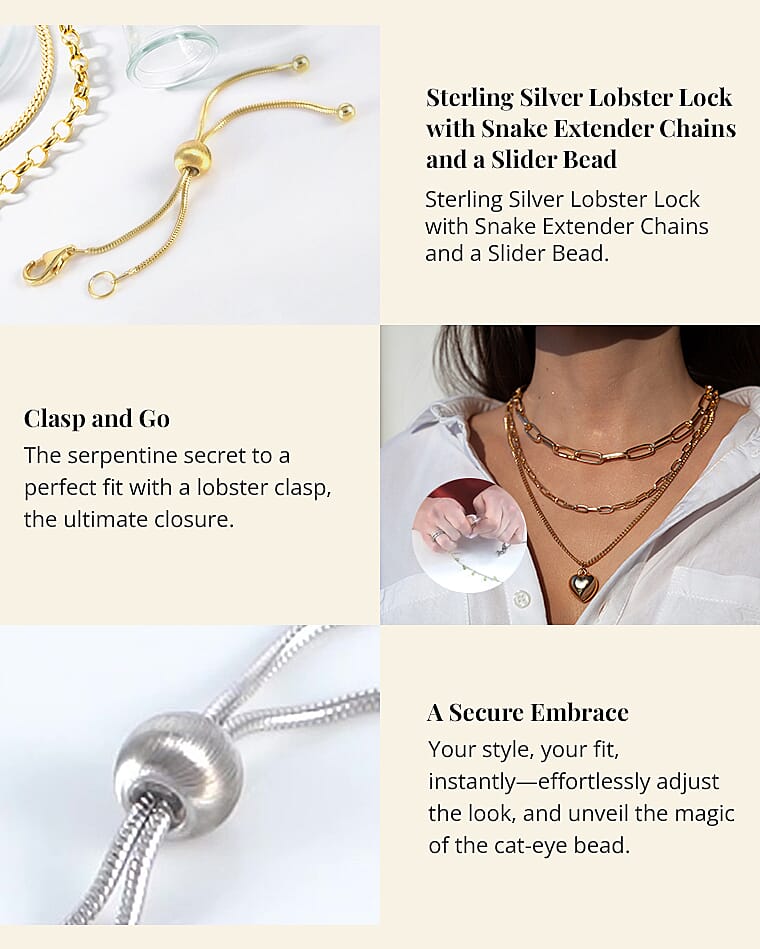 Sterling Silver Lobster Lock with Snake Extender Chains and a Slider Bead Banner
