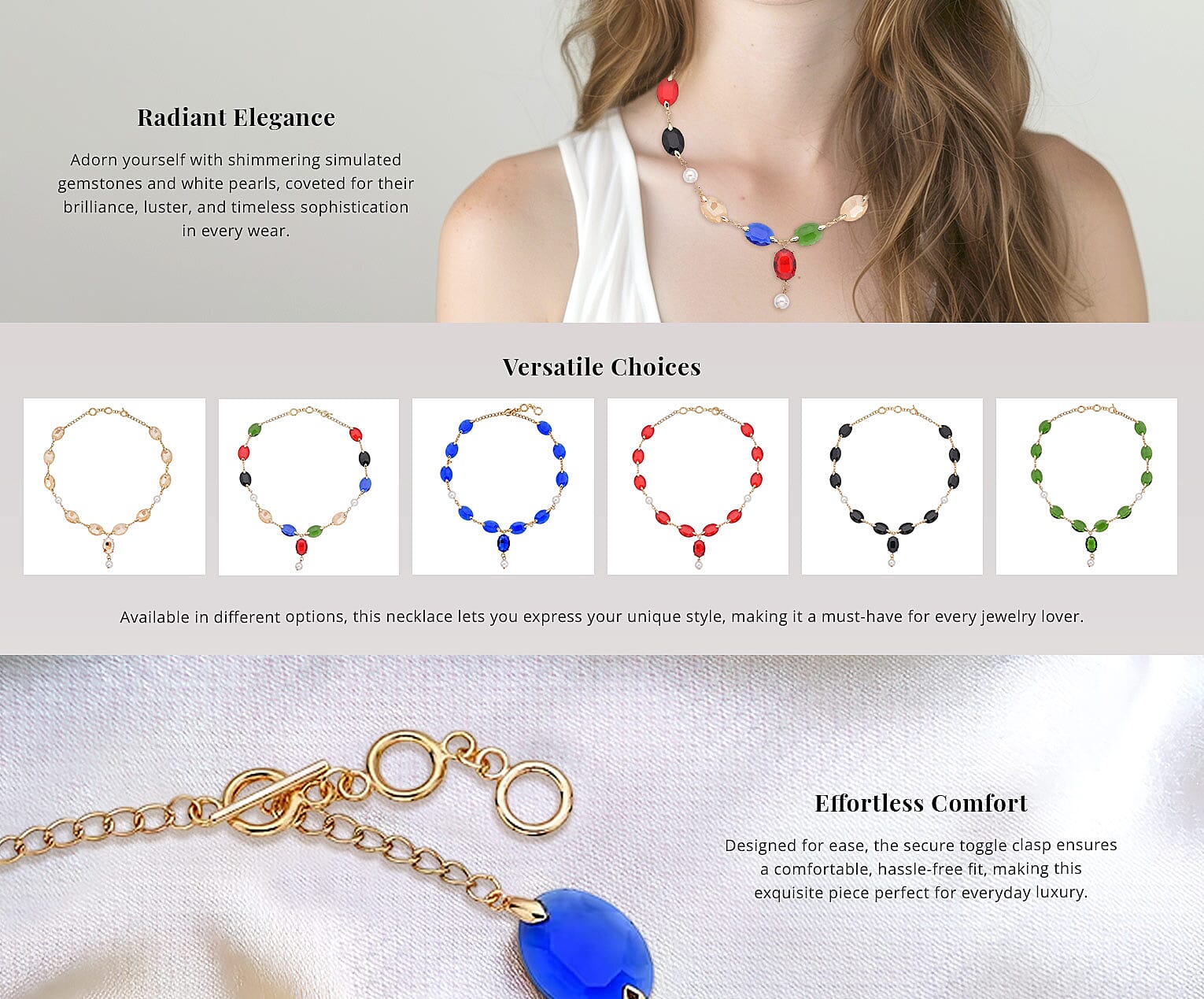 Simulated Multi Gemstone and White Pearl Necklace 22-23 Inches in Goldtone Banner