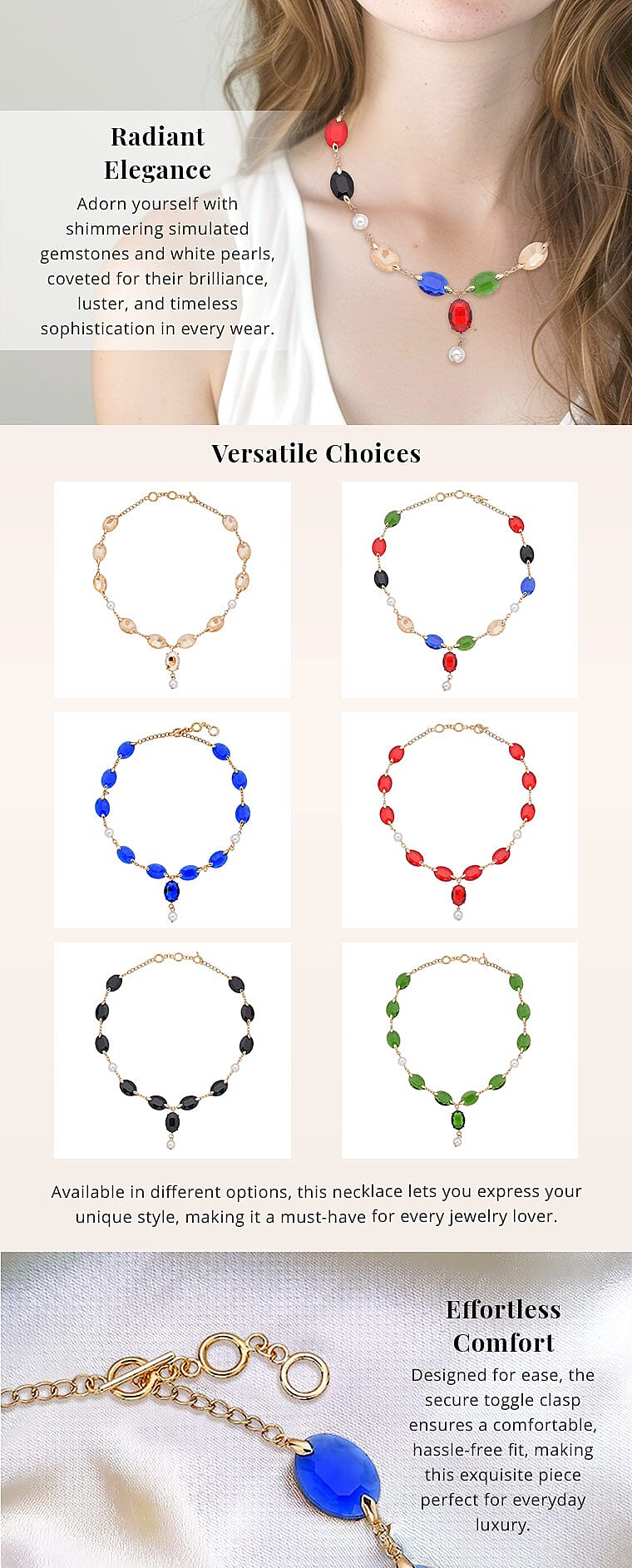 Simulated Multi Gemstone and White Pearl Necklace 22-23 Inches in Goldtone Banner