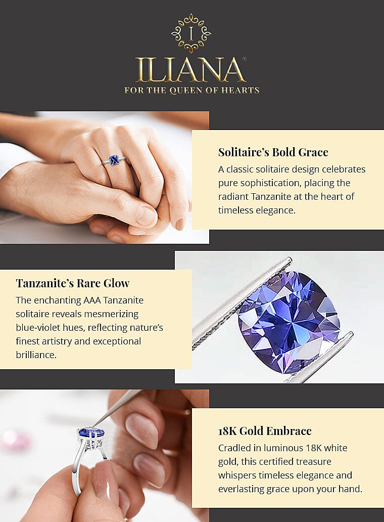 Certified & Appraised Iliana 18K White Gold AAA Tanzanite Solitaire Ring Banner