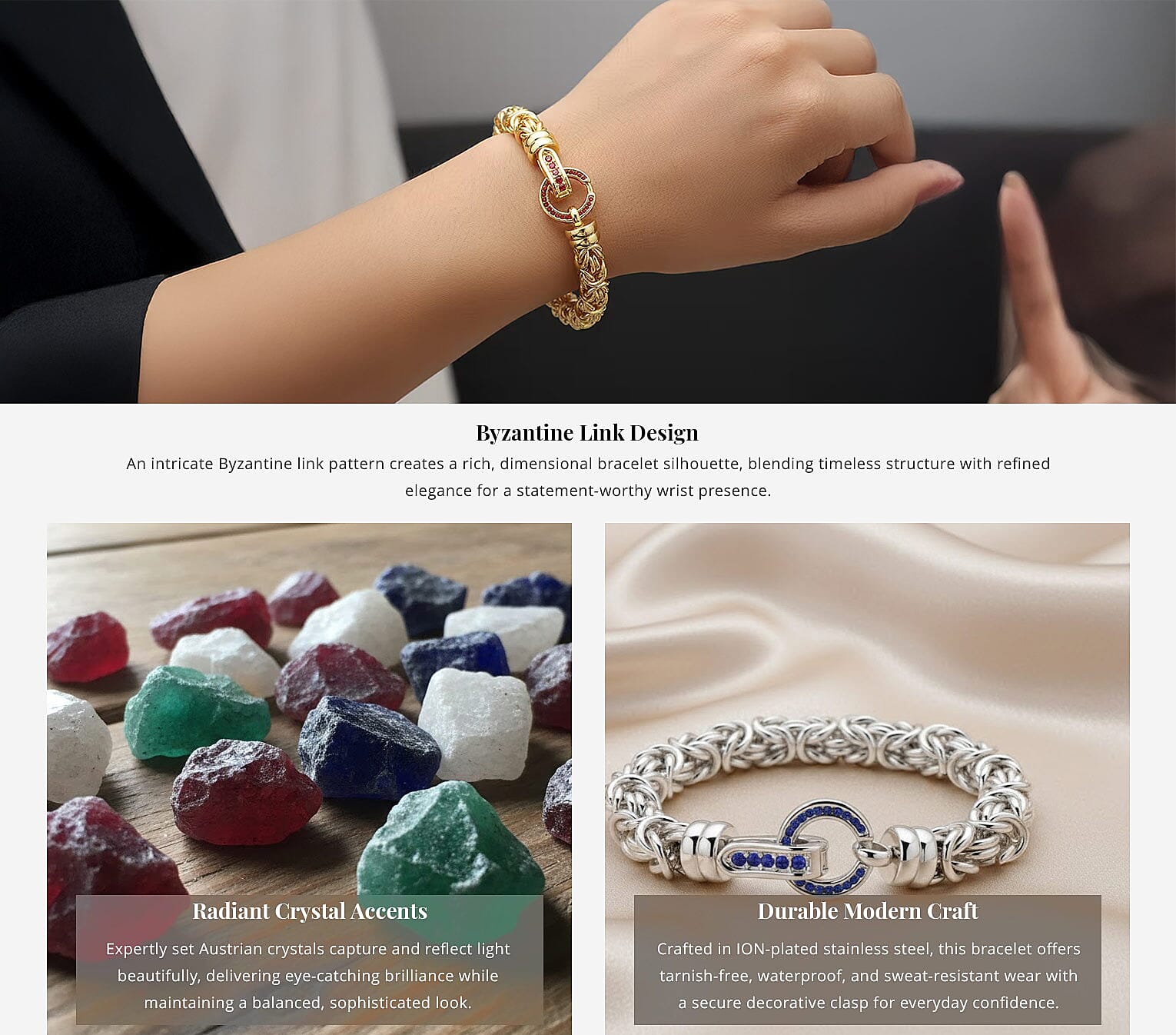 Red Austrian Crystal Byzantine Link Bracelet in ION Plated YG Stainless Steel (7.50 In), Tarnish-Free, Waterproof, Sweat Proof Jewelry Banner