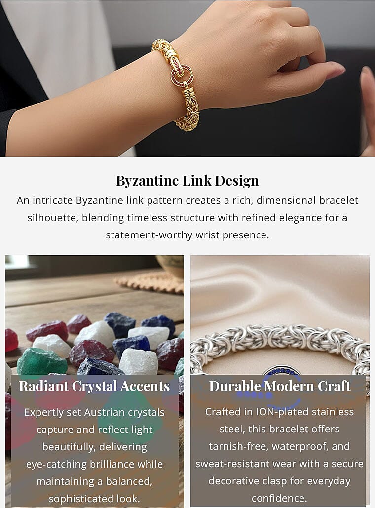 Red Austrian Crystal Byzantine Link Bracelet in ION Plated YG Stainless Steel (7.50 In), Tarnish-Free, Waterproof, Sweat Proof Jewelry Banner
