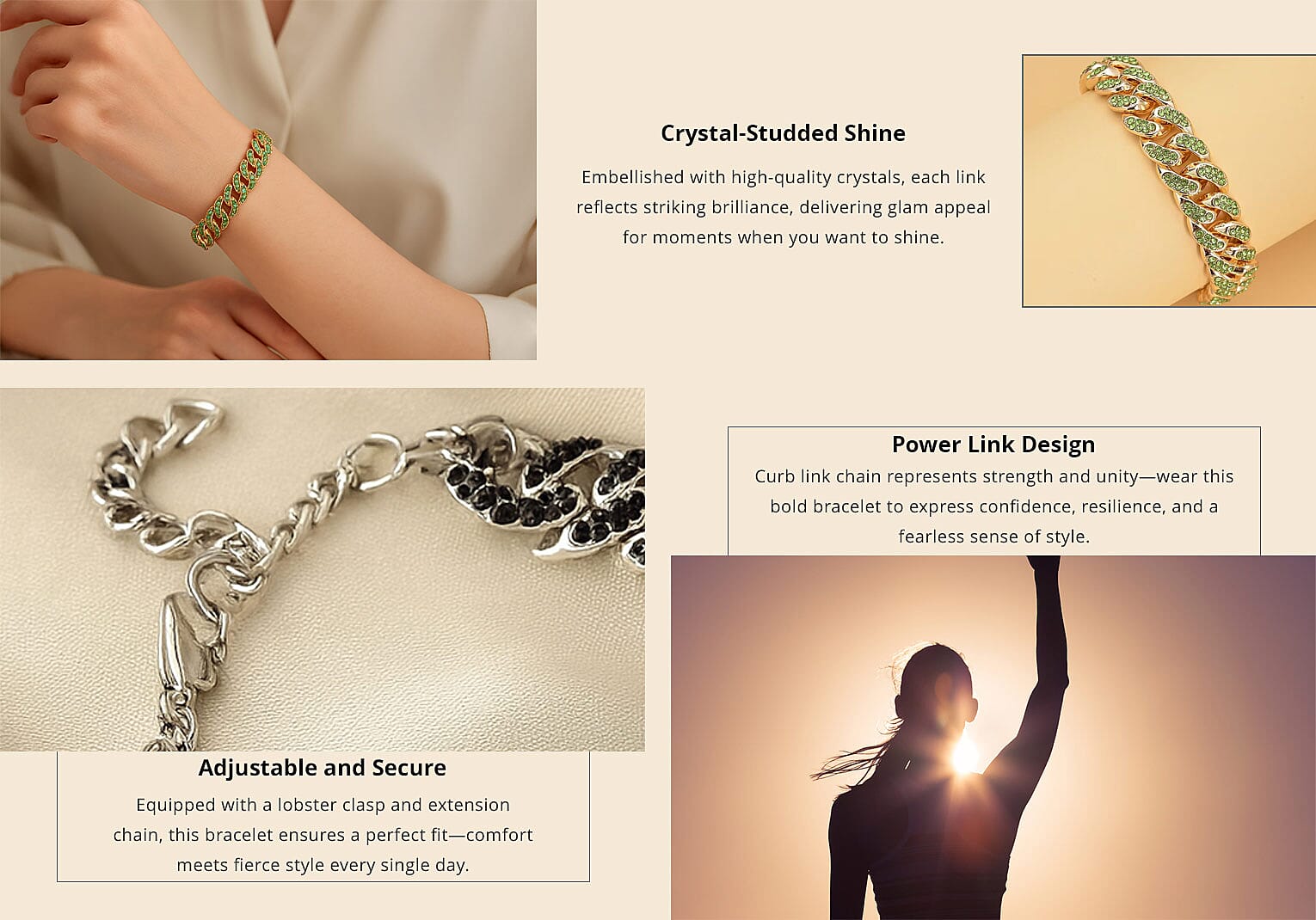 Green Austrian Crystal 10.00 ctw Curb Link Chain Bracelet in Goldtone (7.50-9.50In) Banner