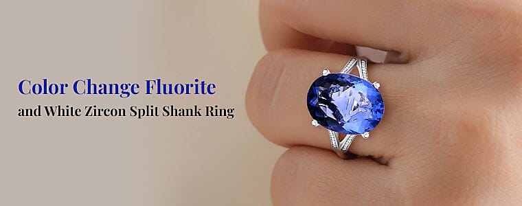 Color Change Fluorite and White Zircon Split Shank Ring Banner