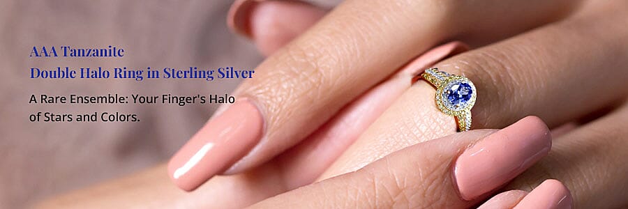 AAA Tanzanite Double Halo Ring in Sterling Silver Banner