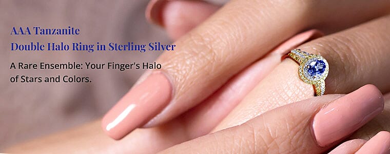 AAA Tanzanite Double Halo Ring in Sterling Silver Banner